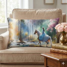 Cojín Lumbar Watercolor River Horsewoman Forest Light