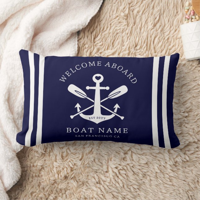 Cojín Lumbar Welcome Aboard Boat Name Nautical Anchor | Blue (Manta)