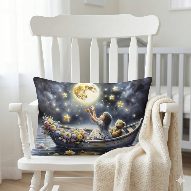 Cojín Lumbar Whimsical Girl Moon Dream Fantasy Scene (Whimsical Girl Moon Dream Fantasy Scene Lumbar Pillow Mockup A.)