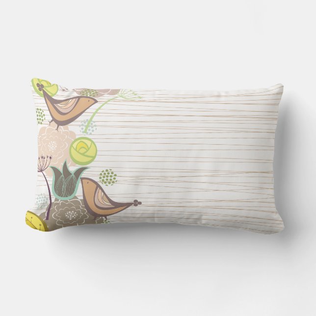 Cojín Lumbar Whimsical Pink Sweet Birds Floral Garden Cushion (Anverso)