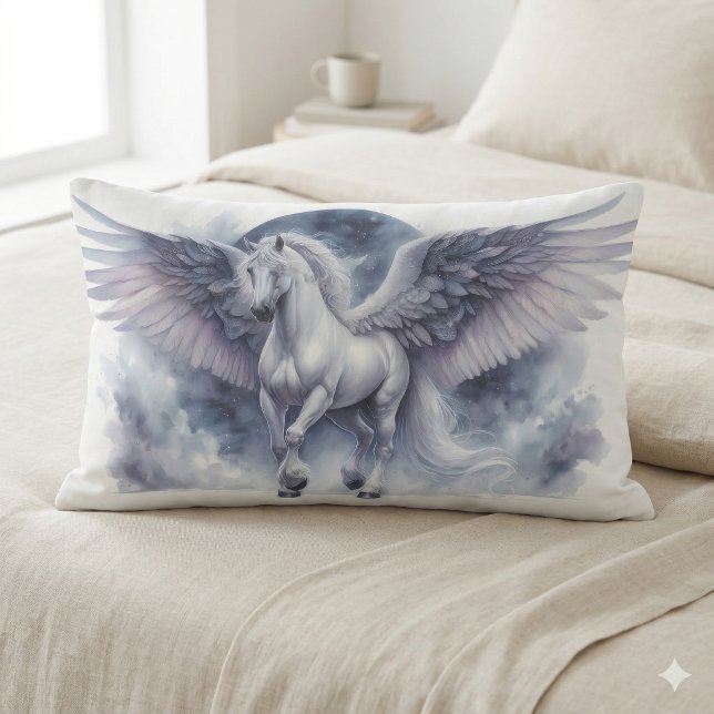 Cojín Lumbar White Pegasus Moonlit Wings Celestial Dream (White Pegasus Moonlit Wings Celestial Dream Lumbar Pillow)
