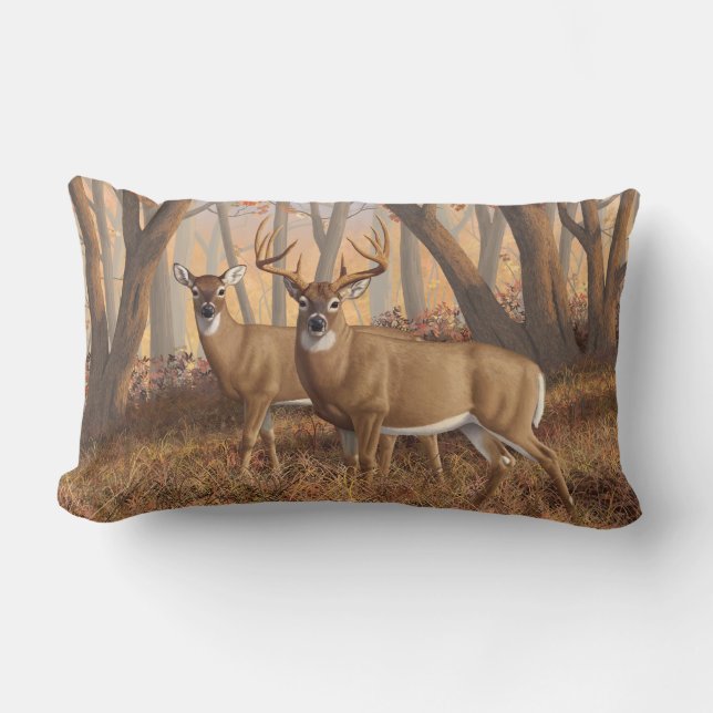 Cojín Lumbar Whitetail Deer Buck & Doe Otumn Maple Woods (Anverso)