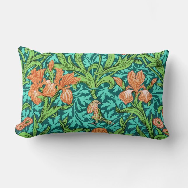 Cojín Lumbar William Morris Irises, Naranja y turquesa (Anverso)