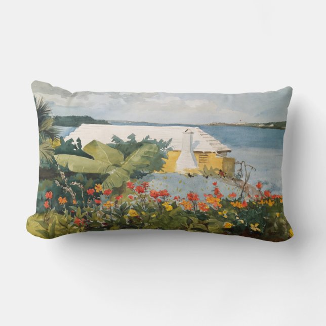 Cojín Lumbar Winslow Homer Flower Garden y Bungalow Bermuda (Anverso)