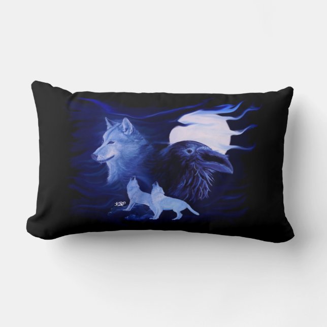 Cojín Lumbar Wolf y Raven con luna llena (Anverso)