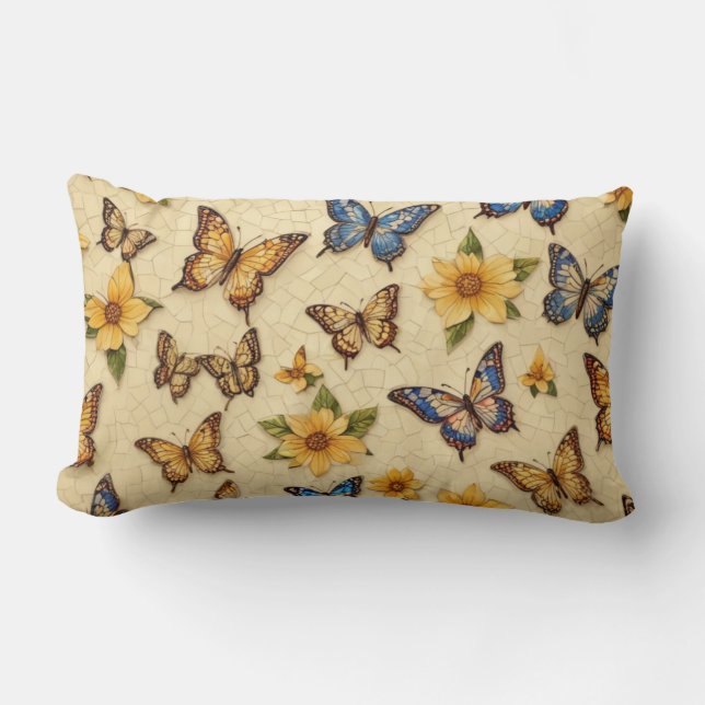 Cojín Lumbar Yellow Mosaic Butterflies And Flowers (Anverso)