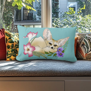 Cojín Lumbar Zorro Fennec Flores Rosadas Purpura Lindo Azul Bot
