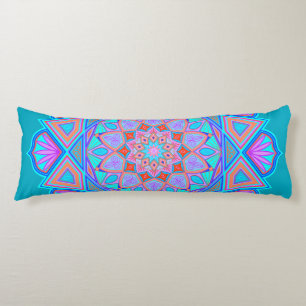 Cojín Mandala Azul Púrpura Naranja sobre Fondo Azul