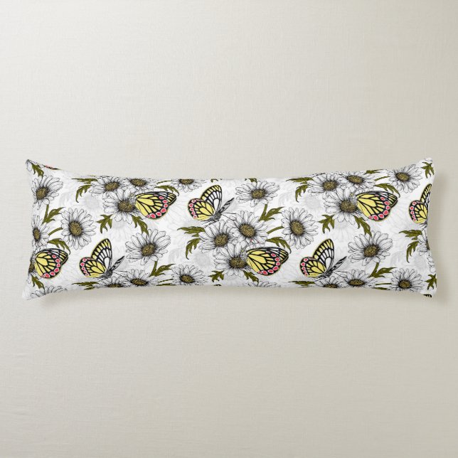 Cojín Mariposas Jezebel y flores de margarita en blanco (Anverso)