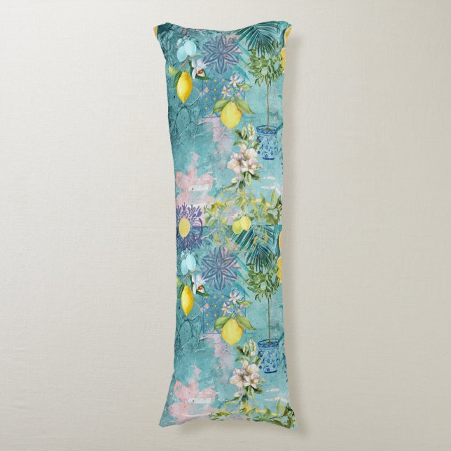 Cojín Moda color turquesa azul cítrico siciliano floral (Frente vertical)