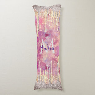 Cojín Moda rosa rubor rosa purpurina goteo monograma