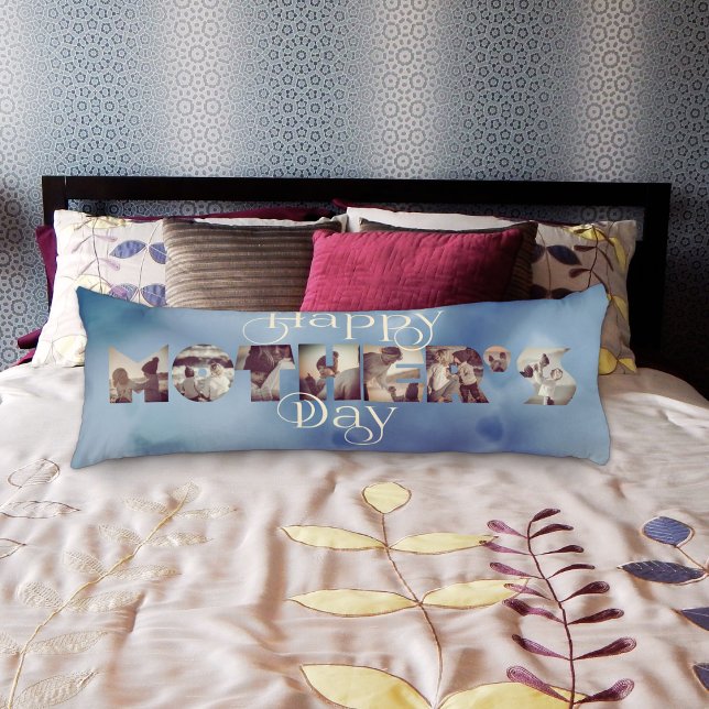 Cojín Momentos Eternos: Un tributo personalizado a la ma (Mother’s Day customized body pillow laying on a bed)
