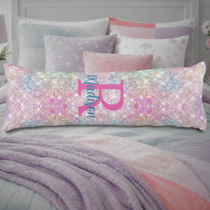 Cojín Monograma brillante falso rosa unicornio iridiscen
