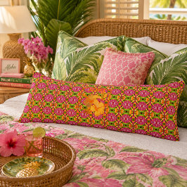 Cojín Monograma de Hibisco Bohemio Tropical Rosa