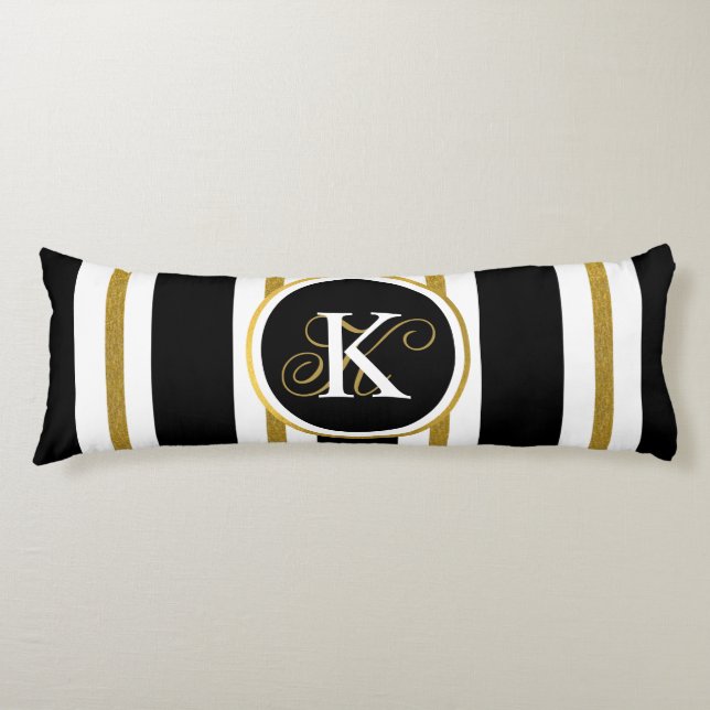 Cojín Monograma elegante personalizado de franjas de oro (Anverso)