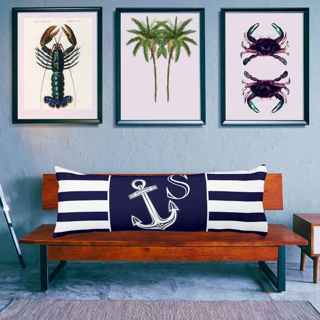 Cojín Monograma Nautical Anchor Naval Bandas blancas azu (Subido por el creador)