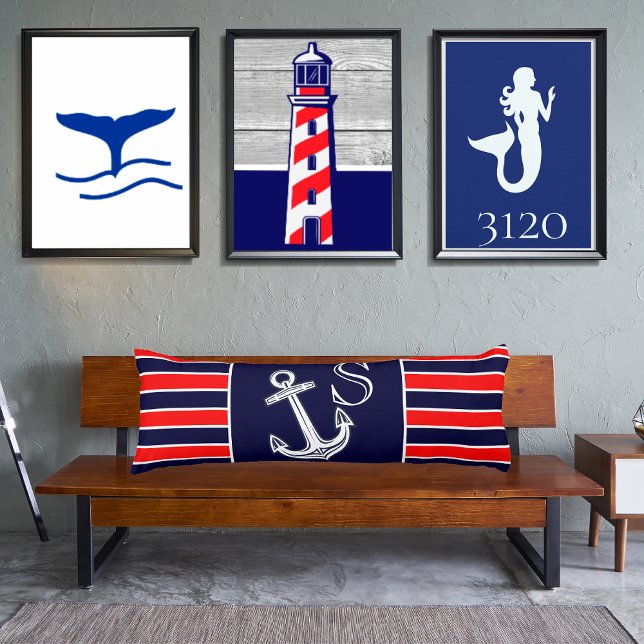 Cojín Monograma Nautical Anchor Naval Tejidos rojos Blan (Subido por el creador)