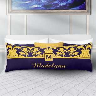 Cojín Monograma Personalizado de Damasco Dorado y Azul M