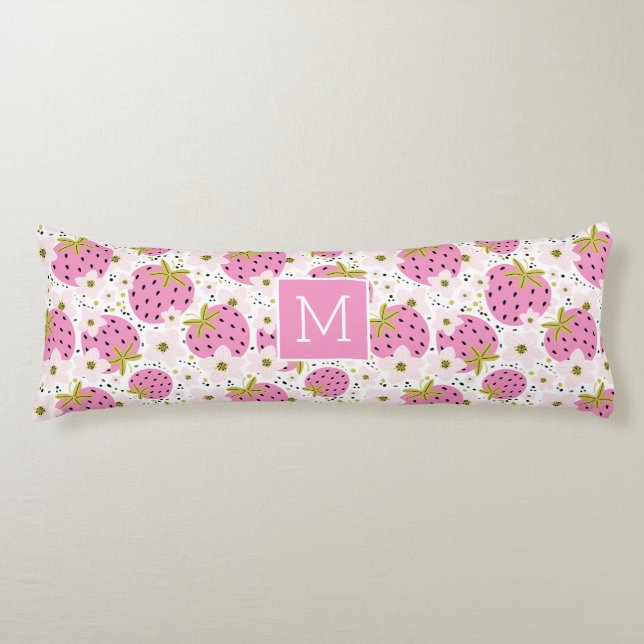 Cojín Monograma Personalizado de fresas rosadas (Anverso)