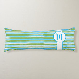 Cojín Monograma verde azulado, azul, verde y franjas bla