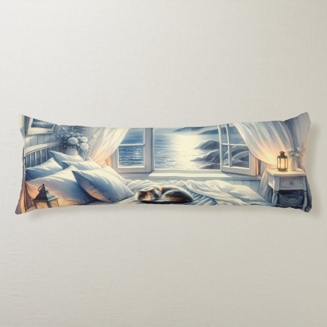 Cojín Moonlit Coastal Bedroom with Sleeping Cat (Anverso)