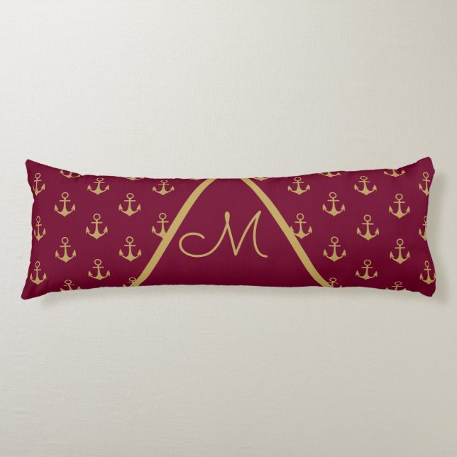 Cojín Nautical Anchor Burgundy Monograma Rojo (Anverso)