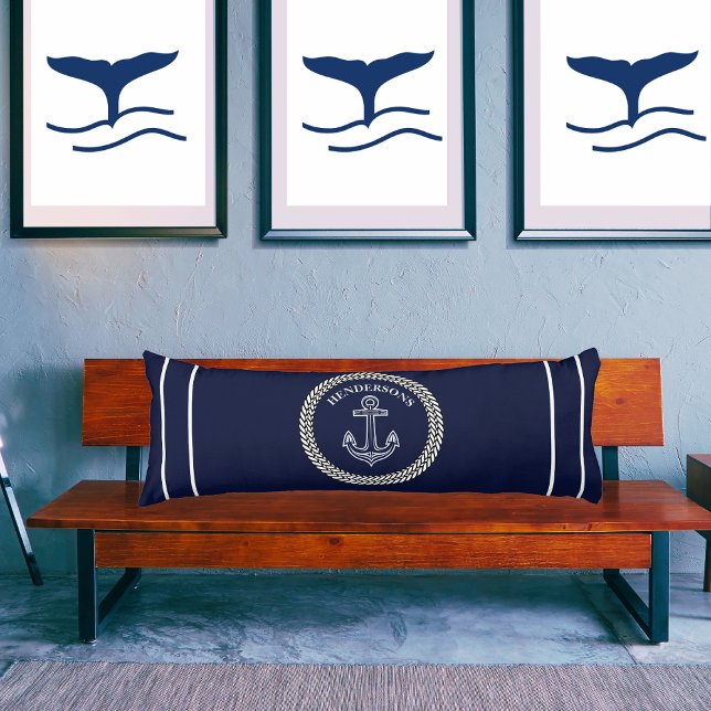 Cojín Nautical Navy Blue Anchor Coastal Monogram  Beach (Subido por el creador)
