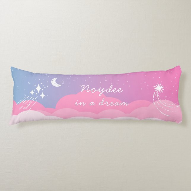 Cojín Noche estrellada Nombre y texto rosa azul (Anverso)