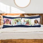 Cojín Nombre de la familia y 4 Collage de fotos azul<br><div class="desc">Esta moda y su moderna almohada corporal ofrecen mucho espacio para mostrar tus fotos familiares favoritas (también es suave). La plantilla está preparada para que añada 4 fotos, el nombre de su familia y el año (y/o el texto de su personalizado). Tus fotos se mostrarán en una tira de fotos...</div>