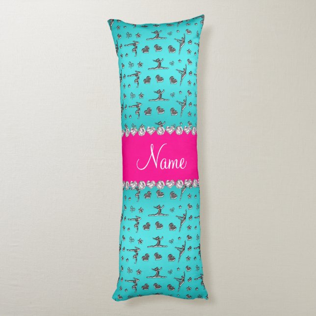 Cojín Nombre personalizado gimnasia turquesa plateada (Atrás (Vertical))