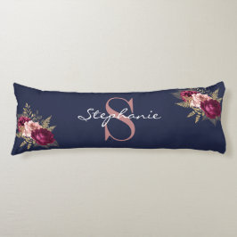 Cojín Nombre personalizado Monograma Azul Borgoña Floral