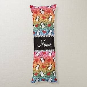 Cojín Nombre personalizado purpurina arcoiris pingüinos