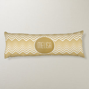 Cojín Oro Monogramado Y Zigzag Blanco Chevron