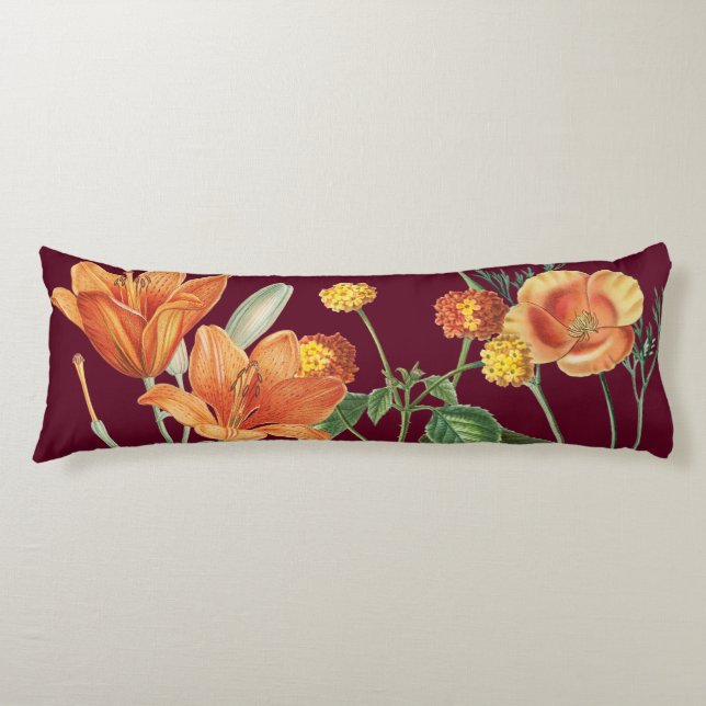 Cojín Otoño Naranja de acuarela Floral Borgoña (Anverso)