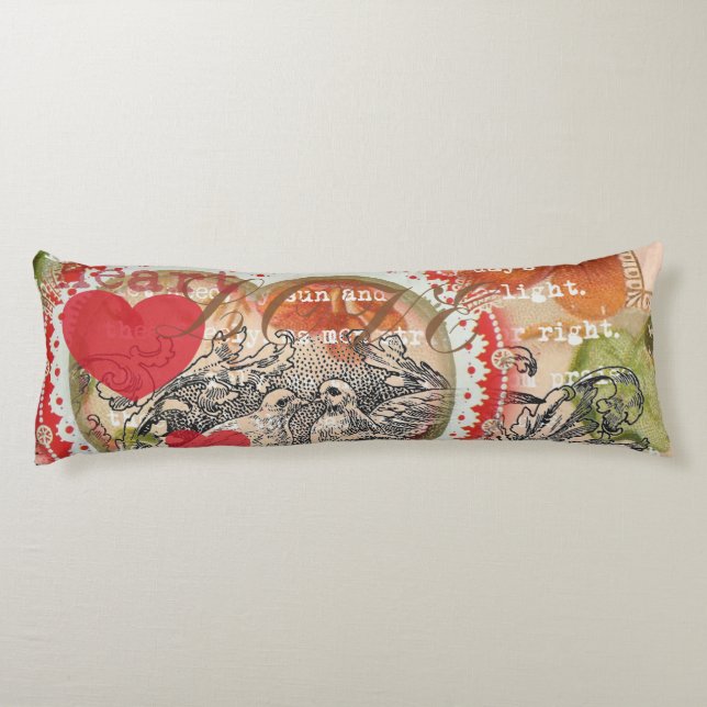 Cojín Pájaros del Corazón Arte Collage Rojo Amor (Reverso)
