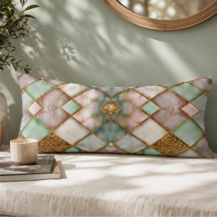 Cojín Pastel Pink Green Marble Mosaic Gold Luxury
