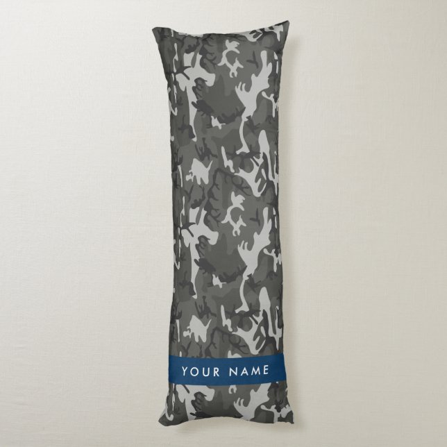 Cojín Patrón de camuflaje gris, tu nombre, Personaliza (Atrás (Vertical))