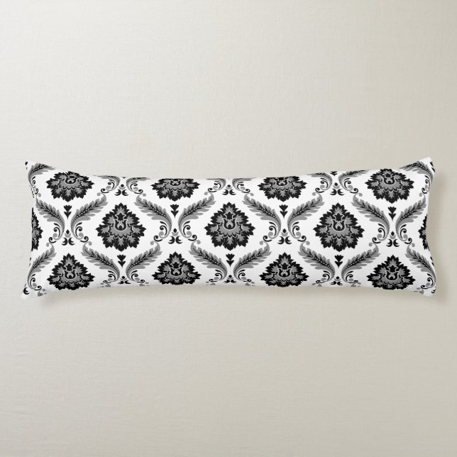 Cojín Patrón de damasco rococó gris negro blanco (Anverso)
