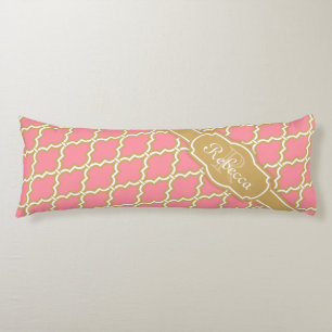 Cojín Patrón de Entramado Rosa y Oro Monogramado