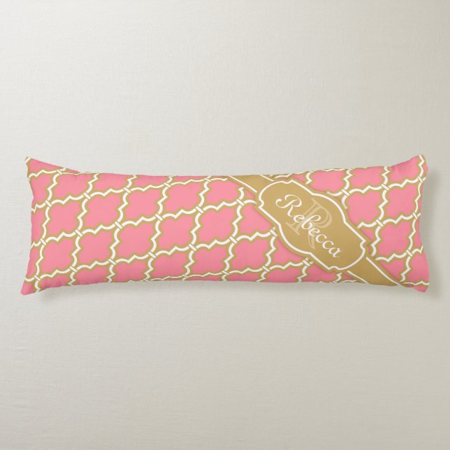 Cojín Patrón de Entramado Rosa y Oro Monogramado (Anverso)