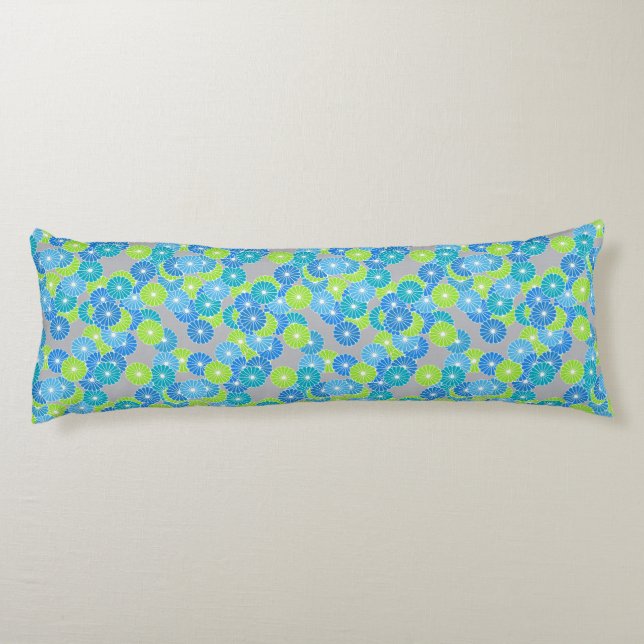 Cojín Patrón de flores Art Deco - azul y verde lima (Reverso)