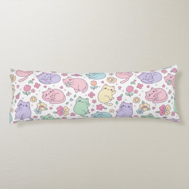 Cojín Patrón de gatos y flores pastel kawaii (Reverso)