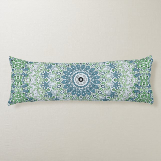Cojín Patrón de Mandala Costero Verde Mar y Azul (Anverso)