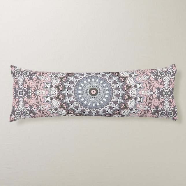 Cojín Patrón de Mandala gris rosa y blanco (Anverso)