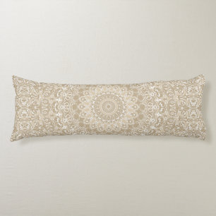 Cojín Patrón de Mandala Ornamental Caqui y Blanco