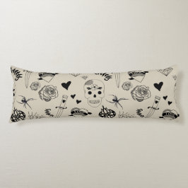 Cojín Patrón de tatuaje dibujado a mano negro y beige