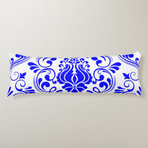 Cojín Patrón floral de Damasco azul y blanco elegante