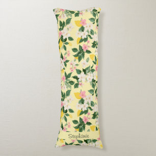 Cojín Patrón vintage de limón y flores en amarillo