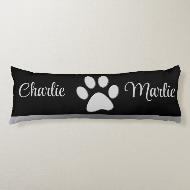 Cojín Paw de perro plateado sobre fondo negro (Anverso)