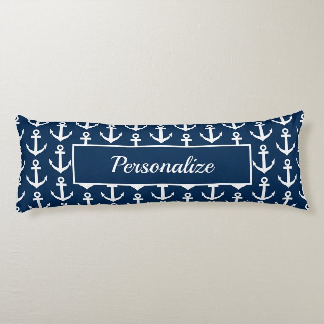 Cojín personalizado de anclaje náutico azul y blanco de  (Reverso)